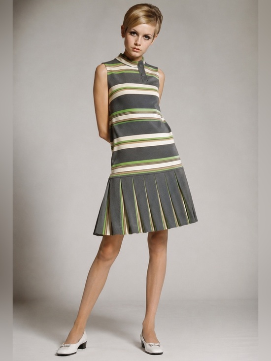 Vintage Dresses & Skirts - Vintage 1960s Mod Twiggy Style Pleated Drop Waist Dress | Retro Striped Midi